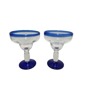 Mexican Hand Blown Glass Set of 2 Hand Blown Margarita Glasses (16 oz) Cobalt